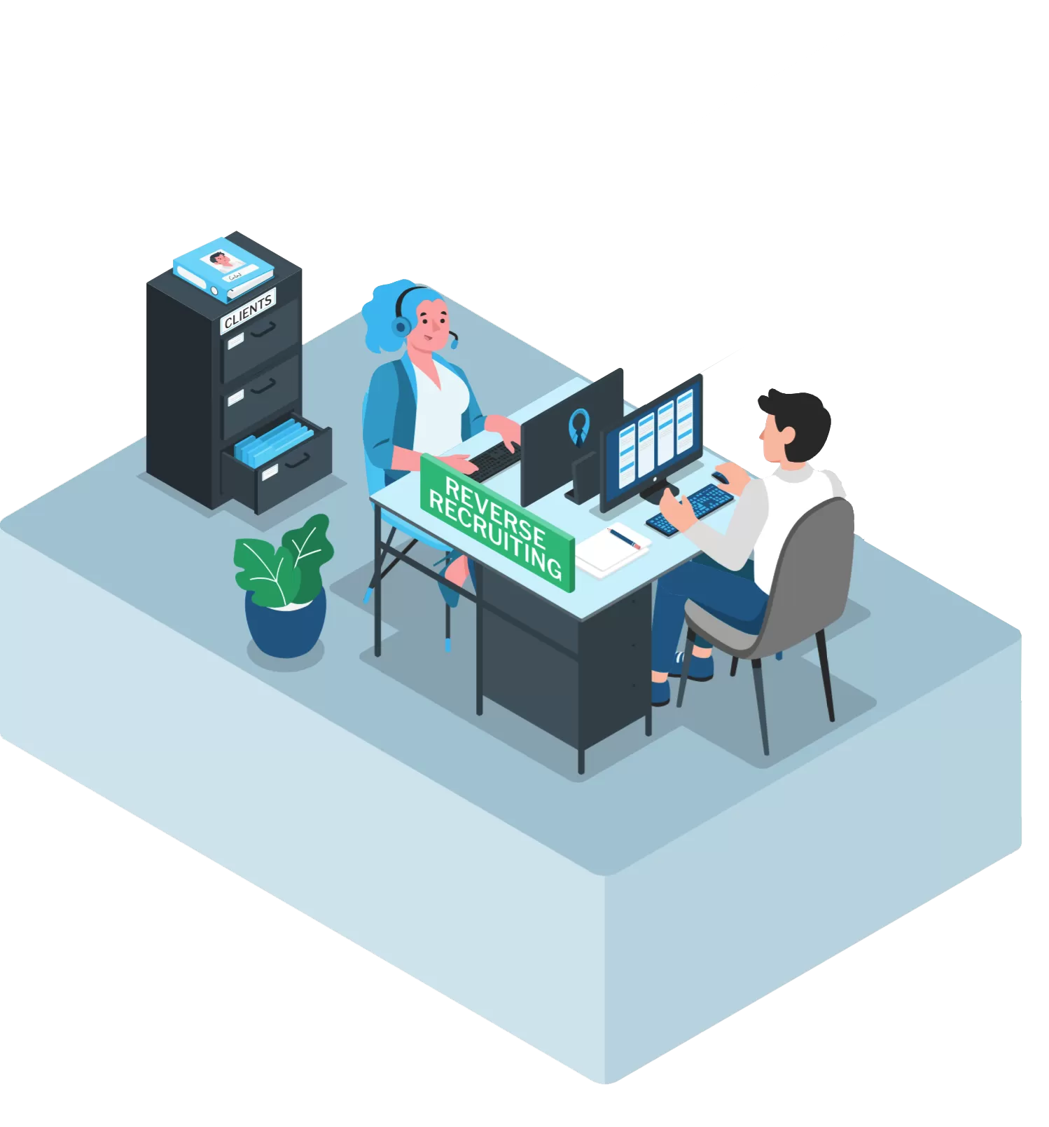 Illustration of a Recruit Today reverse recruiter and an NHS candidate working together at a desk marked 'Reverse Recruiting'