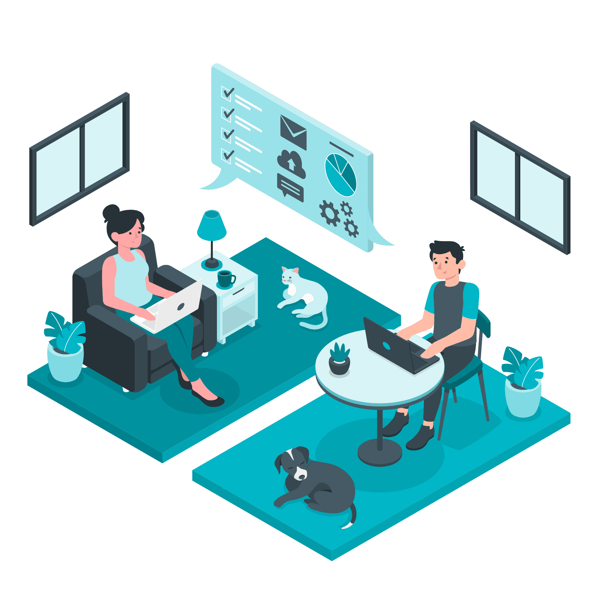 Illustration of people relaxing at home while working from a laptop and tablet, representing a stress-free NHS job search