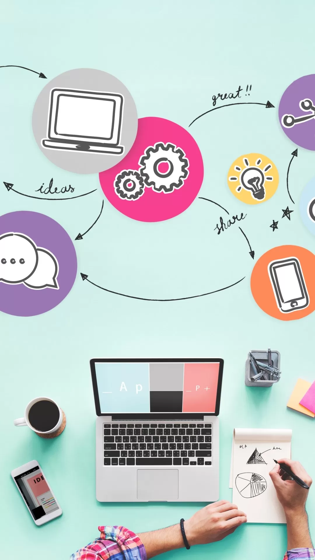 Overhead view of a desk with a laptop, notebook, and idea-mapping icons representing personalised career strategy
