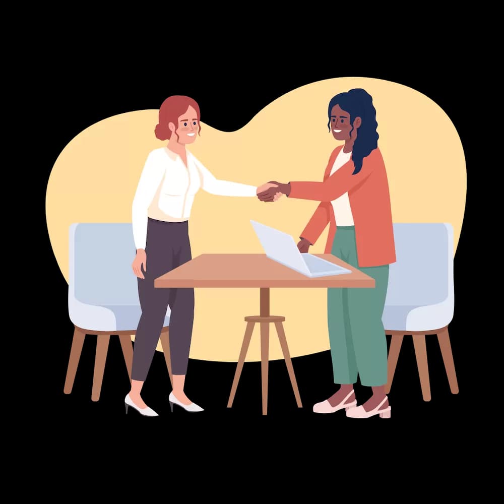 Illustration of two people shaking hands across a table with a laptop
