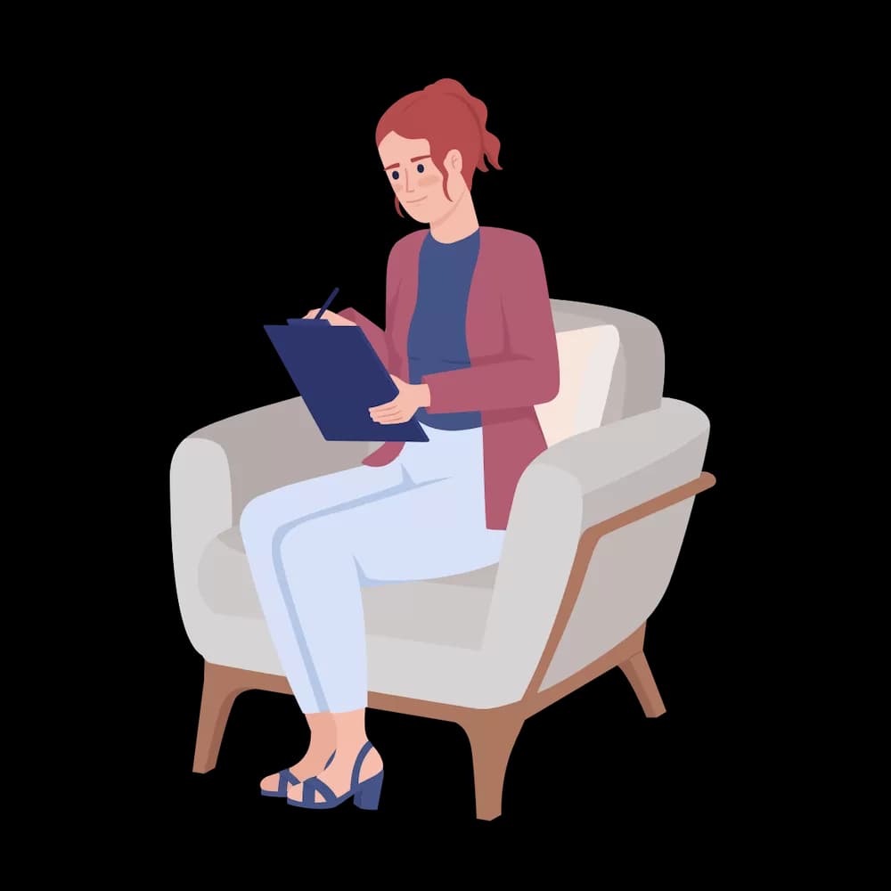 Illustration of a person writing notes on a clipboard while seated in an armchair