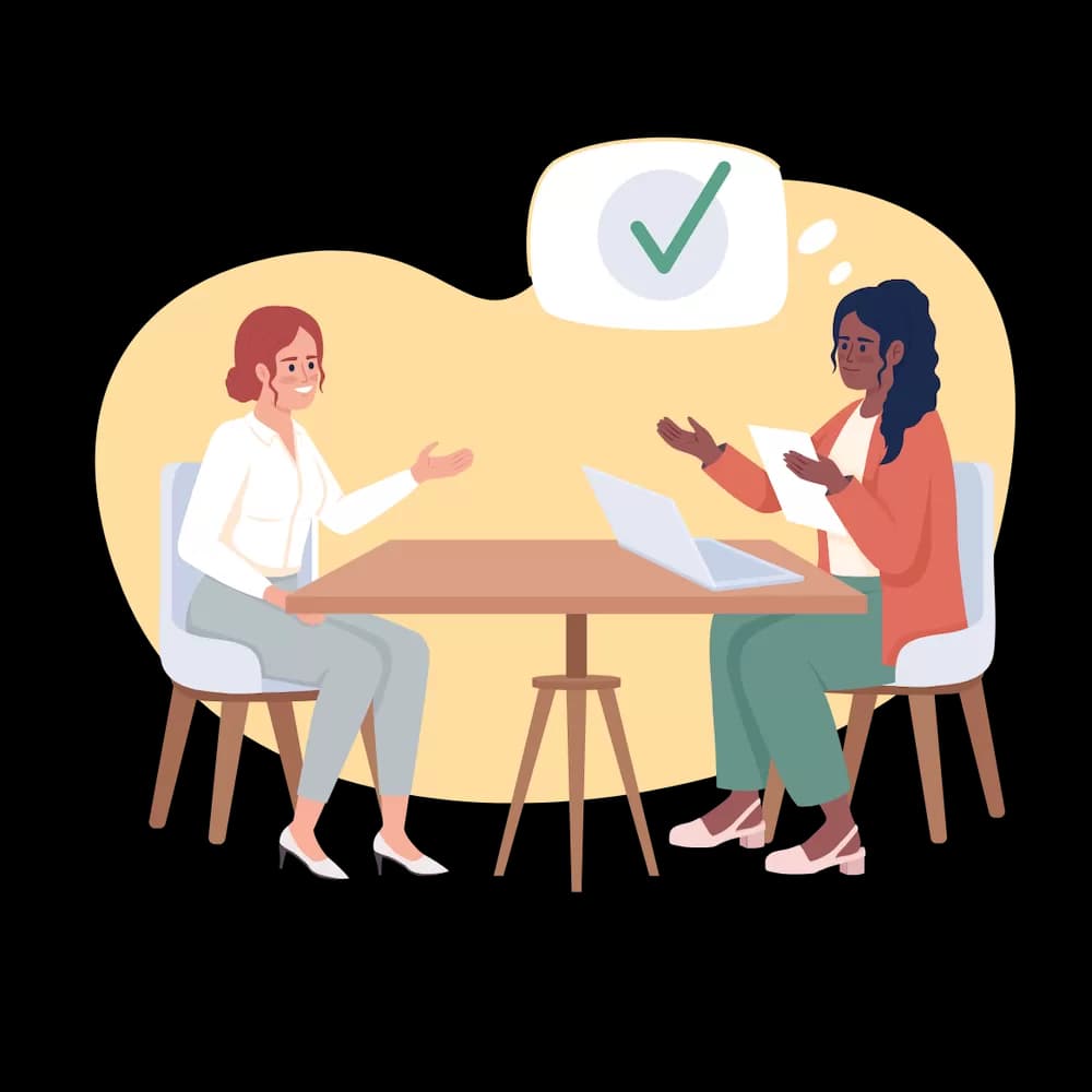 Illustration of two people in conversation across a table, one presenting a laptop