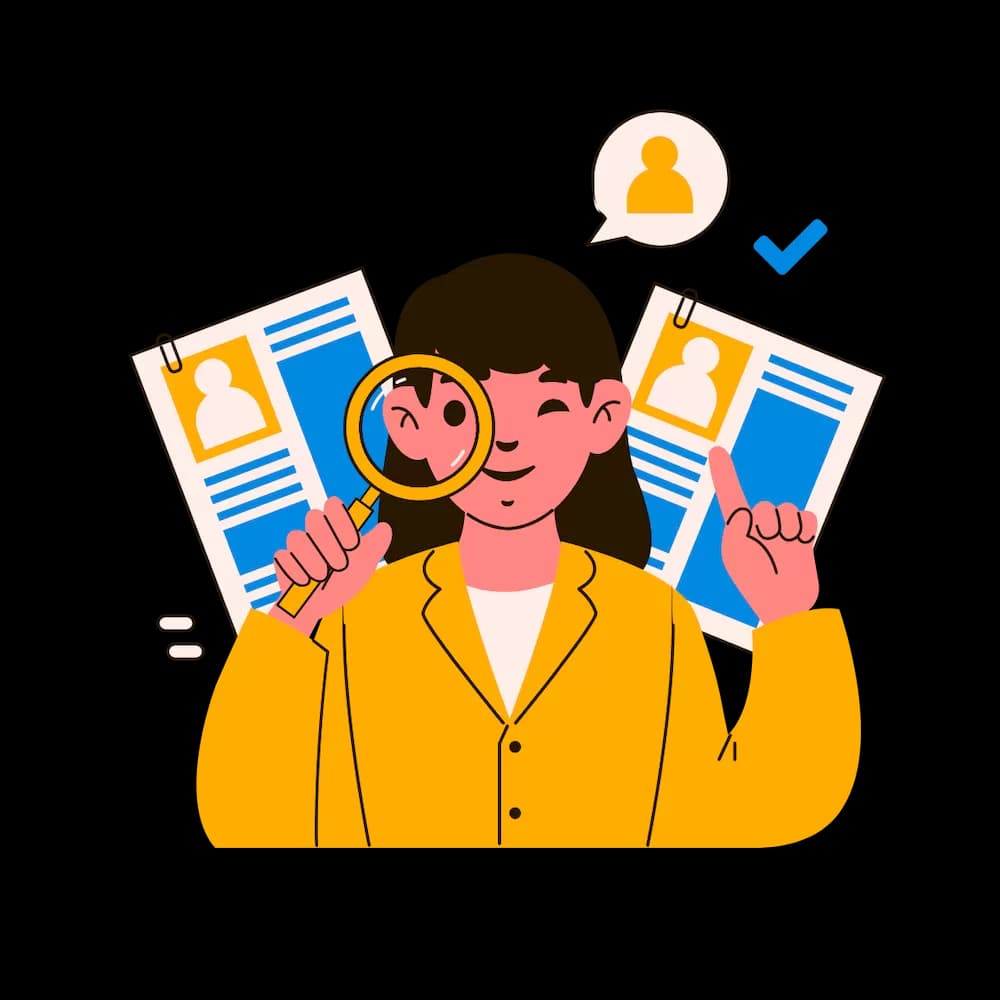 Illustration of a hand holding a magnifying glass over a resume document, reviewing it closely