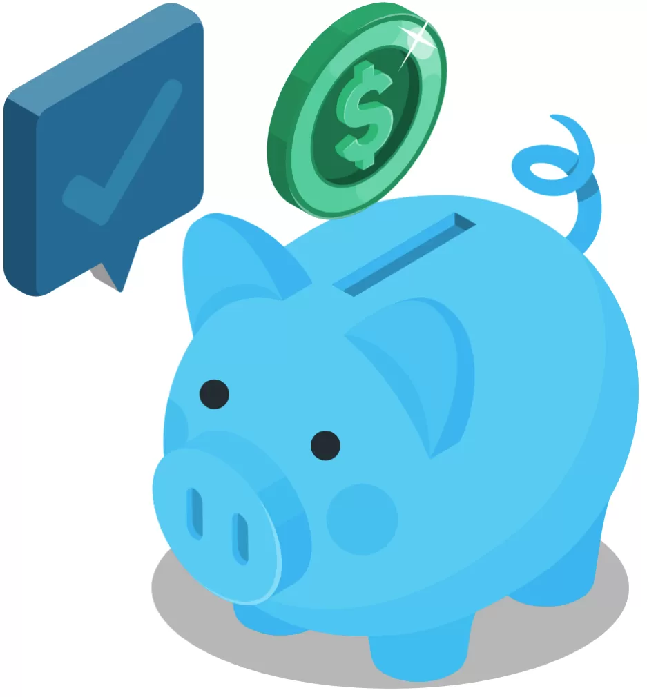 Illustration of a piggy bank with a coin and a checkmark representing money saved