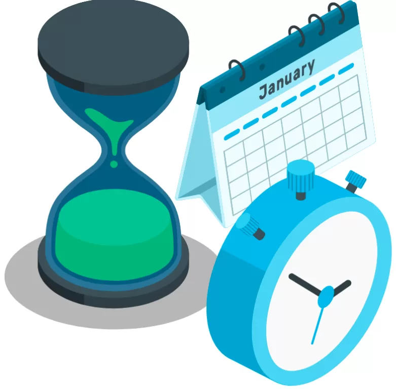 Illustration of an hourglass, calendar, and stopwatch representing time saved